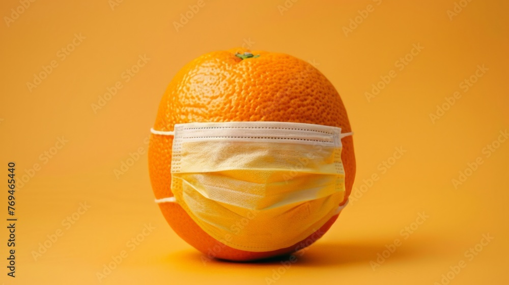 World Food Safety Day Concept. World food safety day with corona concept. Orange with a face mask. 7th June World Food Safety Day. - obrazy, fototapety, plakaty 