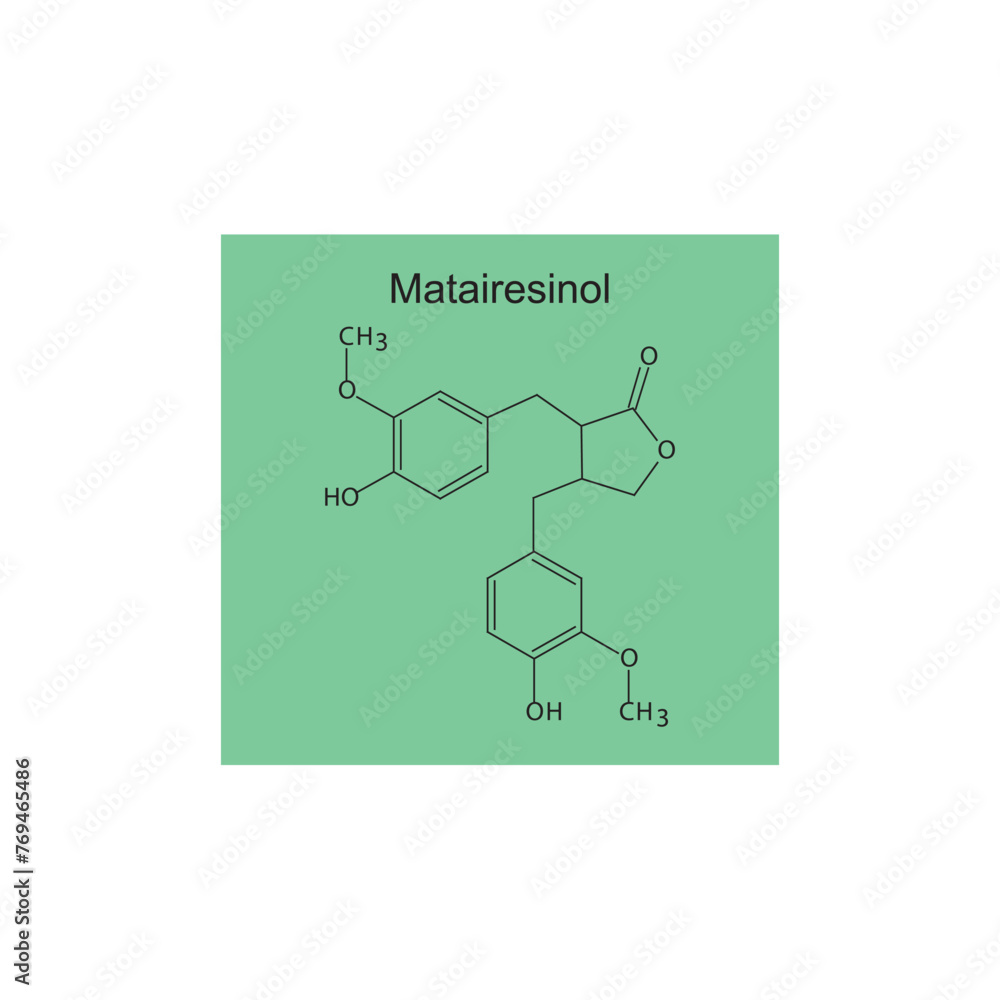 Matairesinol skeletal structure diagram.lignan compound molecule scientific illustration on green background.