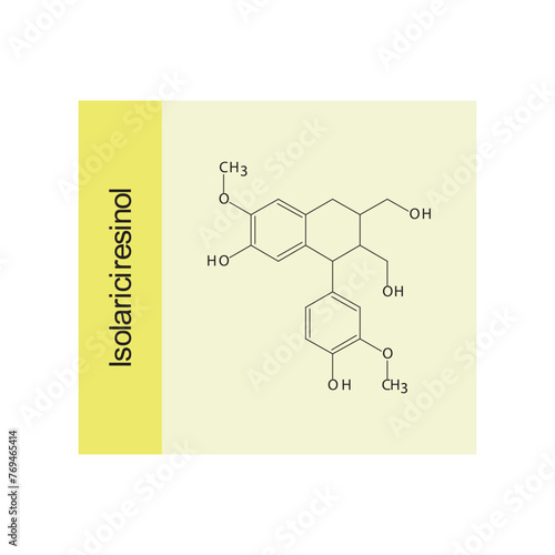 Isolariciresinol skeletal structure diagram.lignan compound molecule scientific illustration on yellow background.