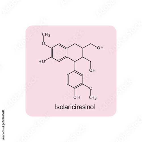 Isolariciresinol skeletal structure diagram.lignan compound molecule scientific illustration on pink background.