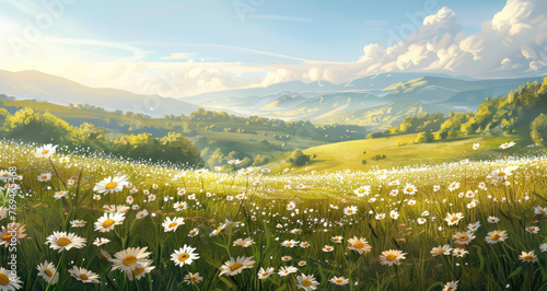 Bicycle in the middle of a beautiful green field with a blue sky and white clouds. A summer landscape with a bicycle, its basket full of flowers, sun rays shining through trees