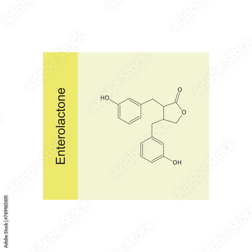Enterolactone skeletal structure diagram.lignan compound molecule scientific illustration on yellow background.