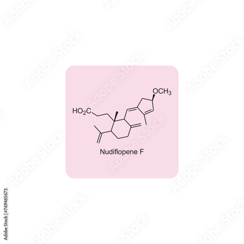 Nudiflopene F skeletal structure diagram.Diterpenoid compound molecule scientific illustration on pink background. photo