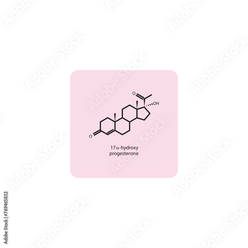 17-α-hydroxy progesterone skeletal structure diagram.Progesterone hormone compound molecule scientific illustration on pink background.