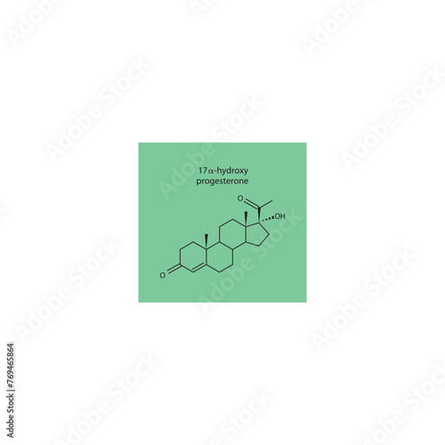 17-α-hydroxy progesterone skeletal structure diagram.Progesterone hormone compound molecule scientific illustration on green background.