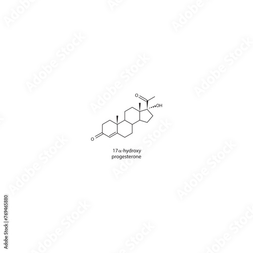 17-α-hydroxy progesterone skeletal structure diagram.Progesterone hormone compound molecule scientific illustration on white background.