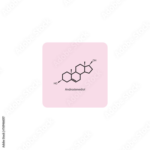 Androstenediol skeletal structure diagram.Androgen hormone compound molecule scientific illustration on pink background.