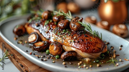 Baked duck with mushrooms on a long plate on table. Generative AI.