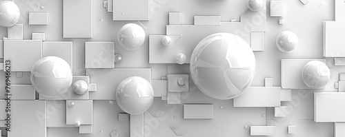 White geometric background. Minimalist design. 3D rendering of cubes and spheres. Technology and innovation concept.