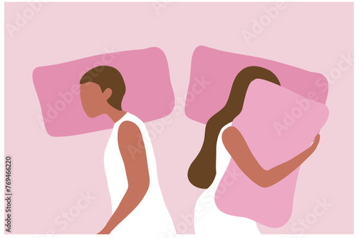 Young couple sleeping and turned back each other. Intimate, married or sexual problems vector illustration