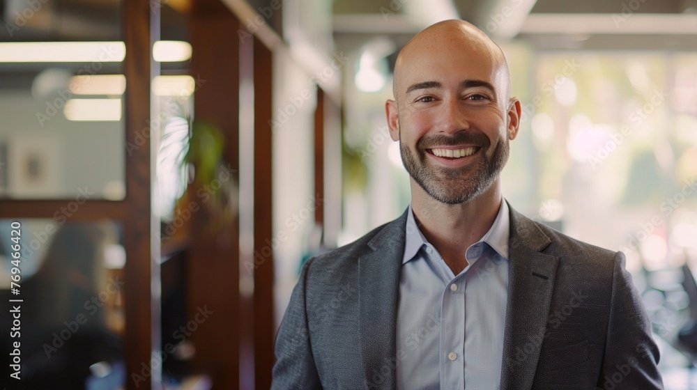 Happy smiling ceo manager at office space, possibly real estate, lawyer, non-profit, marketing Happy smiling ceo manager at office space, possibly real estate, lawyer, non-profit, marketing