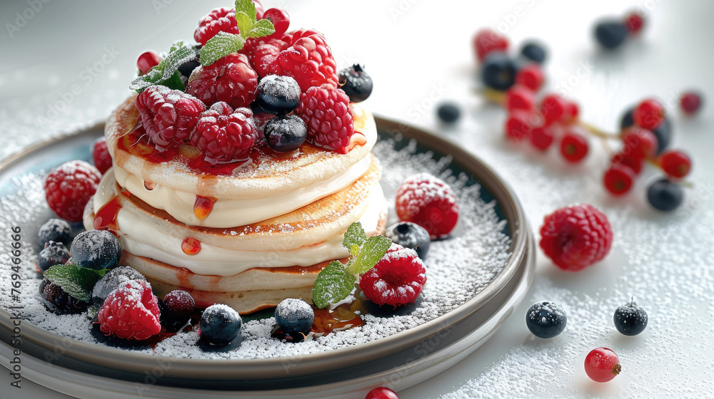 Pancakes mixed berries yogurt isolated on clear white background. Generative AI. Pancakes mixed berries yogurt isolated on clear white background. Generative AI.