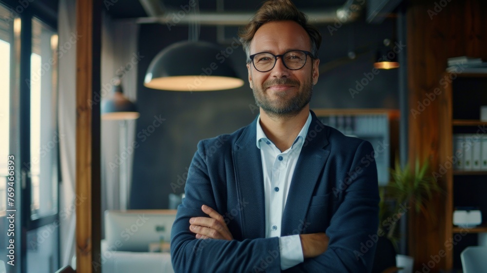 Happy smiling ceo manager at office space, possibly real estate, lawyer, non-profit, marketing Happy smiling ceo manager at office space, possibly real estate, lawyer, non-profit, marketing