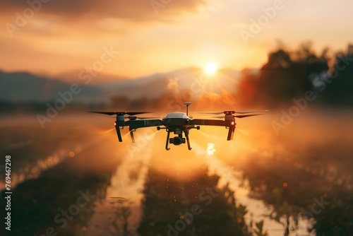 A drone spraying pesticides over a wet agricultural field at sunrise. Concept Agricultural spraying, Drone technology, Sunrise landscape, Outdoor farming, Environmental impact