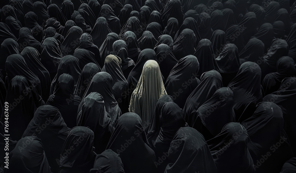 A lone blonde woman stands amidst an army of black women, all wearing burqas and covering their faces with headscarves. - obrazy, fototapety, plakaty 