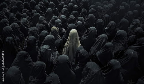 A lone blonde woman stands amidst an army of black women, all wearing burqas and covering their faces with headscarves.