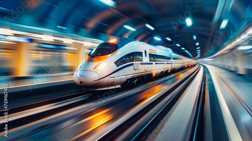 A high-speed bullet train speeding along a sleek, modern railway track, with futuristic design and advanced engineering ensuring a smooth and comfortable ride. photo