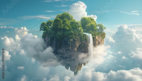 Island with a lake flying in the sky and clouds © thiraphon