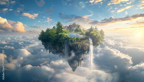 Island with a lake flying in the sky and clouds photo