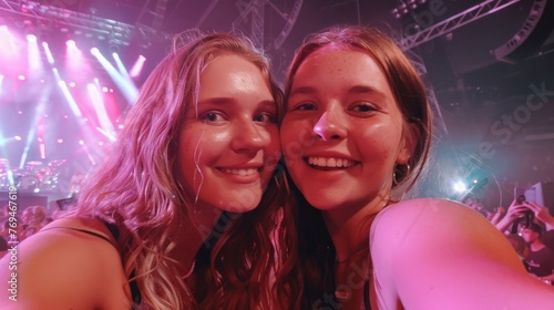 Selfie image of two young women at a concert in a giant indoor arena