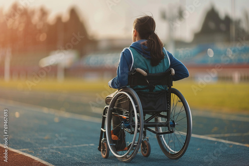 A disabled athlete sits on a wheelchair on the competition field.