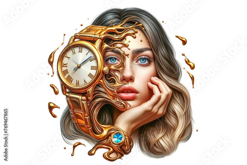 Portrait of a beautiful young woman with a molten gold watch in surrealism style. isolated on a white background.