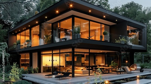 Modern house with black exterior, glass windows and wooden accents. The design includes two floors, an open terrace on the first floor. Generative AI.