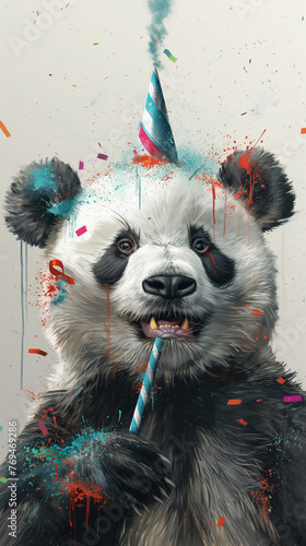 Pandabär 3d comic macht Party Vorlage isoliert einfarbiger Hintergrund Karte Generative AI