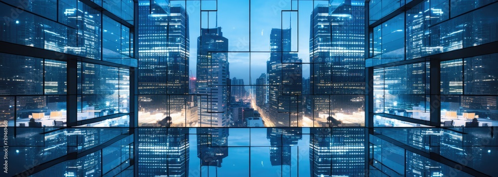 In the heart of the city, skyscrapers rise tall, reflecting the dynamic energy of business and commerce in their gleaming glass facades.