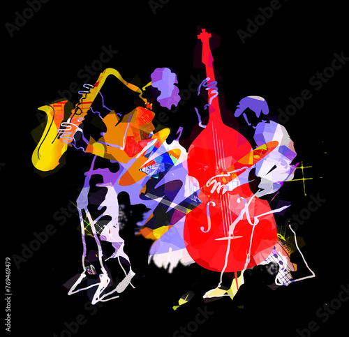 

Jazz theme,Contrabass musician and saxophonist.
 Expressive colorful  Illustration of two jazz musicians on grunge background with music notes on black background.