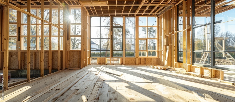 Residential house being built with large windows. Unfinished construction of an empty room.