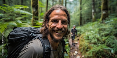 Adventure awaits as a handsome young man ventures into the tropical forest, backpack laden with essentials for his journey of exploration.