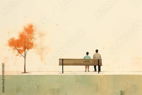 Within a minimalist scene, two figures sit together on a bench, engaged in conversation and companionship. The simplicity and joy found in familial relationships.