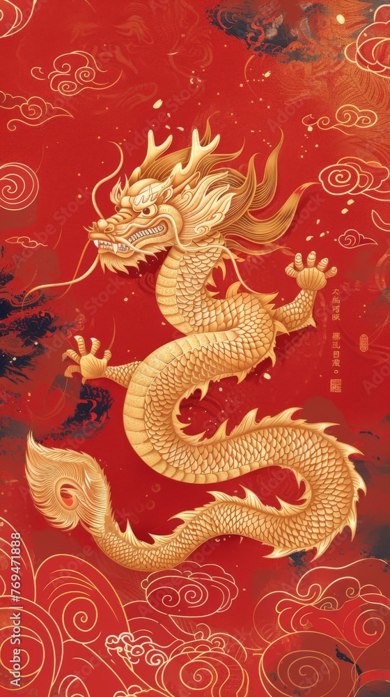 Obraz premium Illustrations, relief printing, line draft, hollow out, light gold Chinese dragon, abstract 2D style, abstract minimalism, simple lines, layout, four claws of Chinese dragon, golden dragon, red backgr