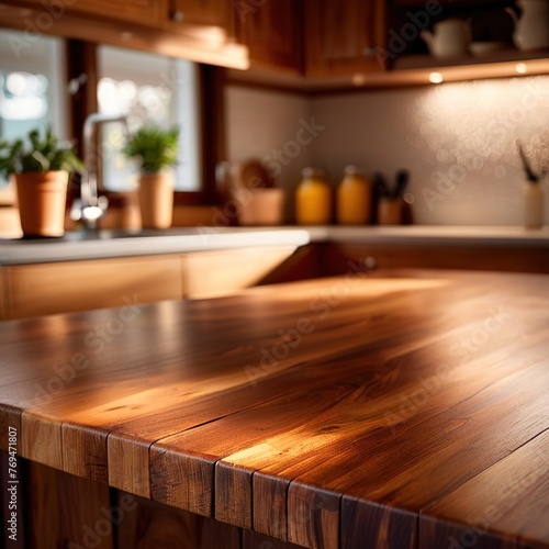 Wooden counter top in modern luxury kitchen, blank backdrop for product mockup © Kheng Guan Toh