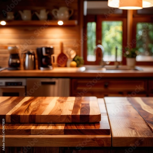 Wooden counter top in modern luxury kitchen, blank backdrop for product mockup