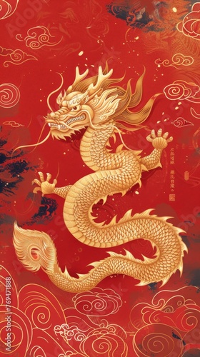 Wallpaper Mural Illustrations, relief printing, line draft, hollow out, light gold Chinese dragon, abstract 2D style, abstract minimalism, simple lines, layout, four claws of Chinese dragon, golden dragon, red backgr Torontodigital.ca