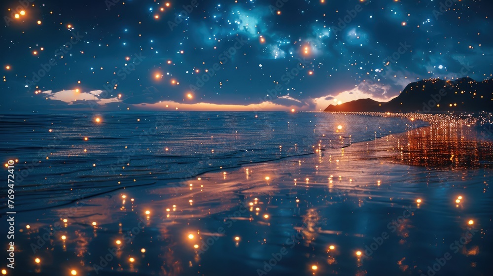 Fantastic scenery, sea, night, starry sky, fireflies. Generative AI.