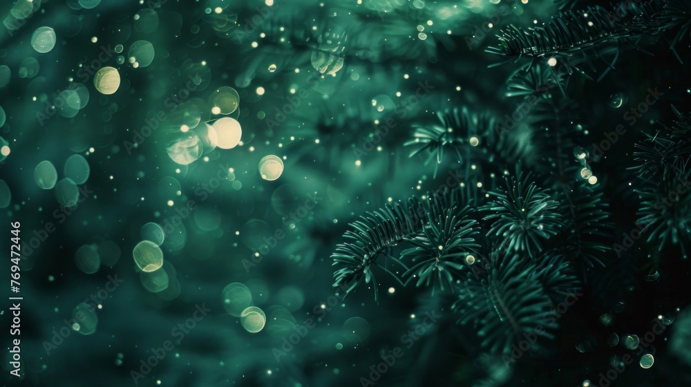 Fototapeta premium A dark green Christmas tree appears out of focus in the background, creating a blurry effect
