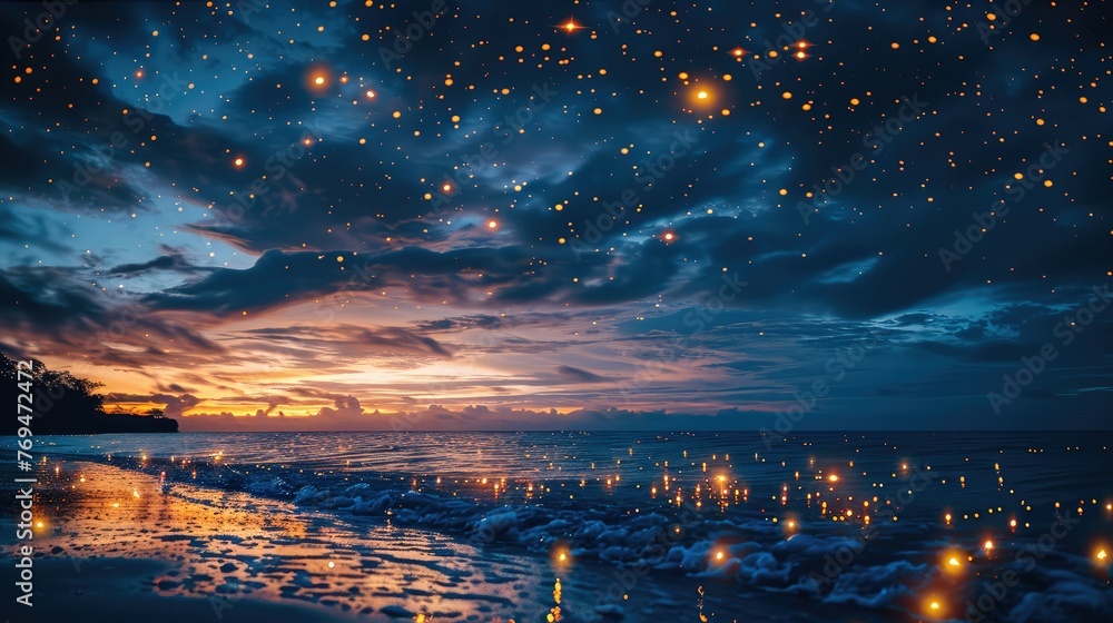 Fantastic scenery, sea, night, starry sky, fireflies. Generative AI.