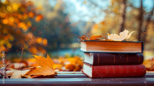 A stack of books in various colors placed neatly on top of a wooden table surrounded by autumn leaves