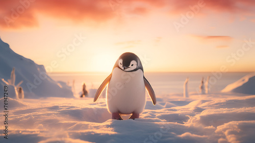 Penguin standing in ice snow cute cartoon wallpaper, Frosty Penguin Expedition
