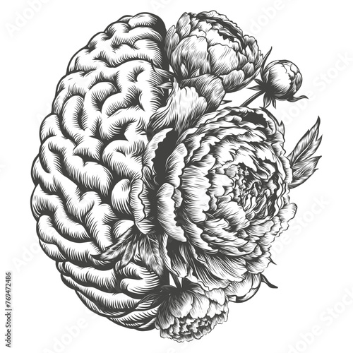 Hand drawn human Brain with blooming flowers. Black and white human internal organ and flower. Vintage Engraving art. Mental health concept. Brain ink sketch for mental health tattoo reabilitation