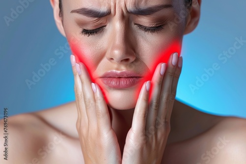 Medical illustration highlighting Temporomandibular Joint Dysfunction with a digital overlay pinpointing discomfort in the jaw area photo