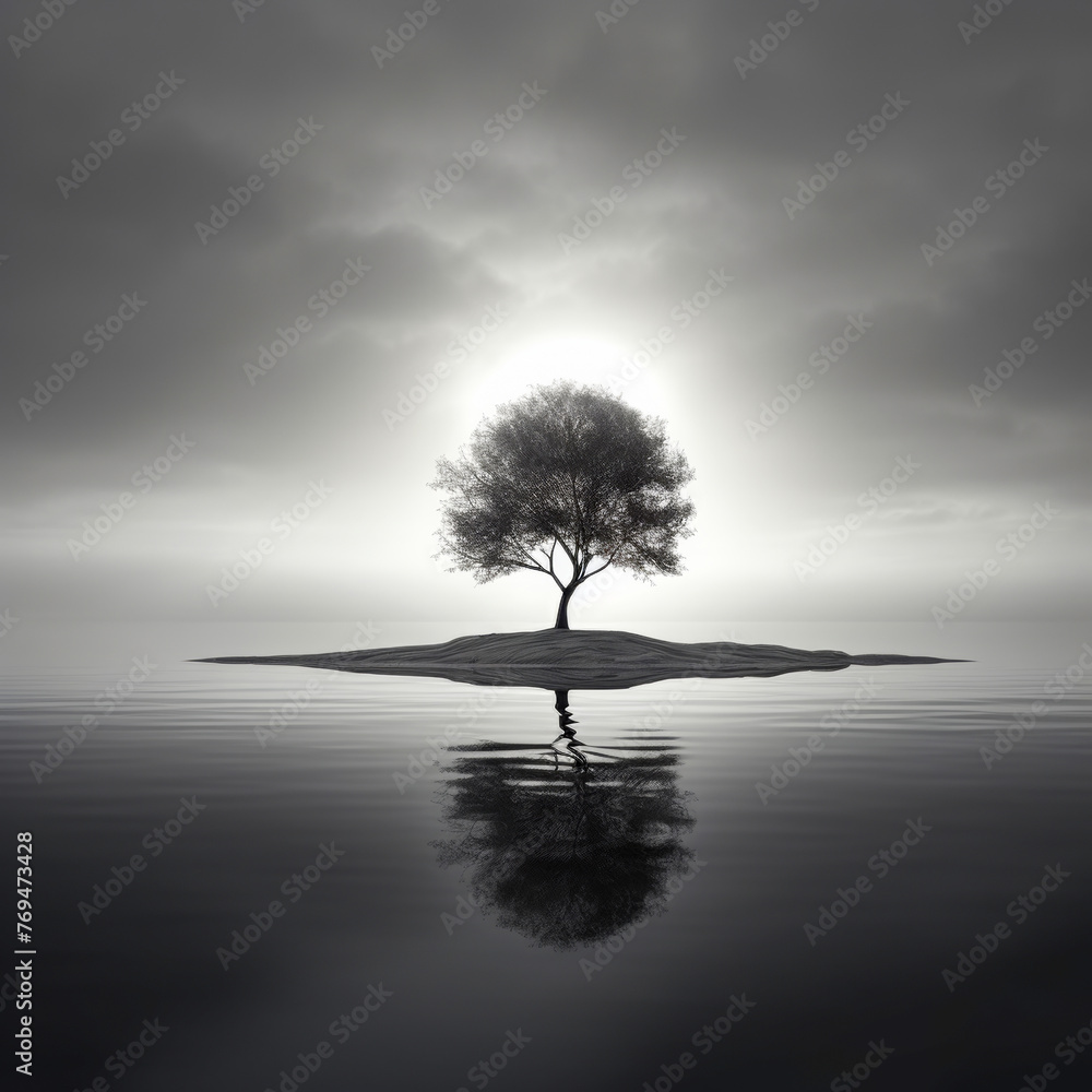 Obraz premium A Single Tree with small land Surrounded by Ocean and its Reflection on the water with moon light background in night time
