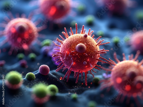 A macro close-up shot of bacteria and virus cells in a scientific laboratory setting. © Mahmud