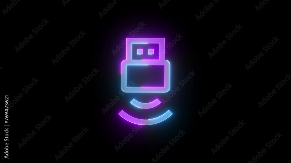 Neon wireless USB icon cyan purple color glowing animation black background Neon wireless USB icon cyan purple color glowing animation black background