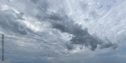 Cloudy gray sky with fluffy clouds, panoramic dramatic nature background