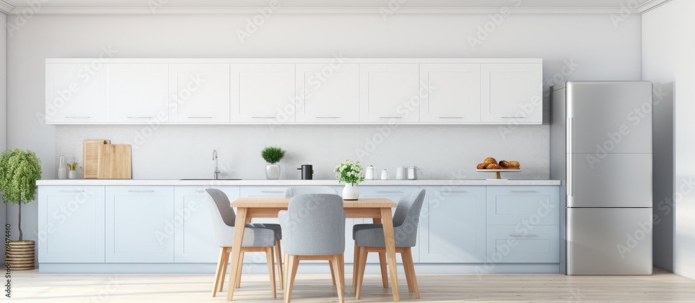 Fototapeta premium A kitchen with a rectangular table and chairs made of wood furniture, hardwood flooring, and a refrigerator in the building with a ceiling