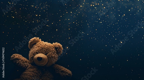 A brown teddy bear sits peacefully in front of a star-filled sky, gazing at the twinkling stars above